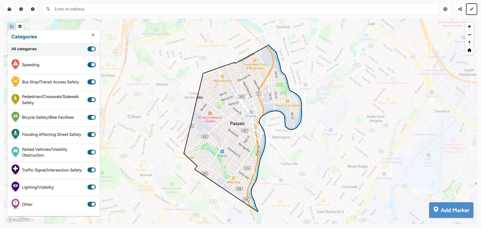 Preview of the Passaic Vision Zero interactive map, showing the city boundary, map categories and the Add Marker button.
