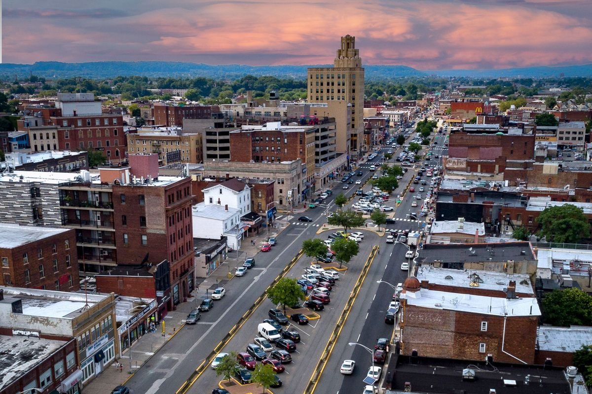 Aerial view of Main Avenue in downtown Passaic, with the parking median down the middle of the street.